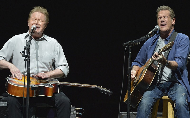 In this Jan. 15, 2014, file photo, Don Henley, left, and Glenn Frey of The Eagles perform on the "History of the Eagles" tour at the Forum in Los Angeles. The Eagles' greatest hits album has surpassed Michael Jackson's "Thriller" as the best-selling album of all-time. (Photo by John Shearer/Invision/AP, File)