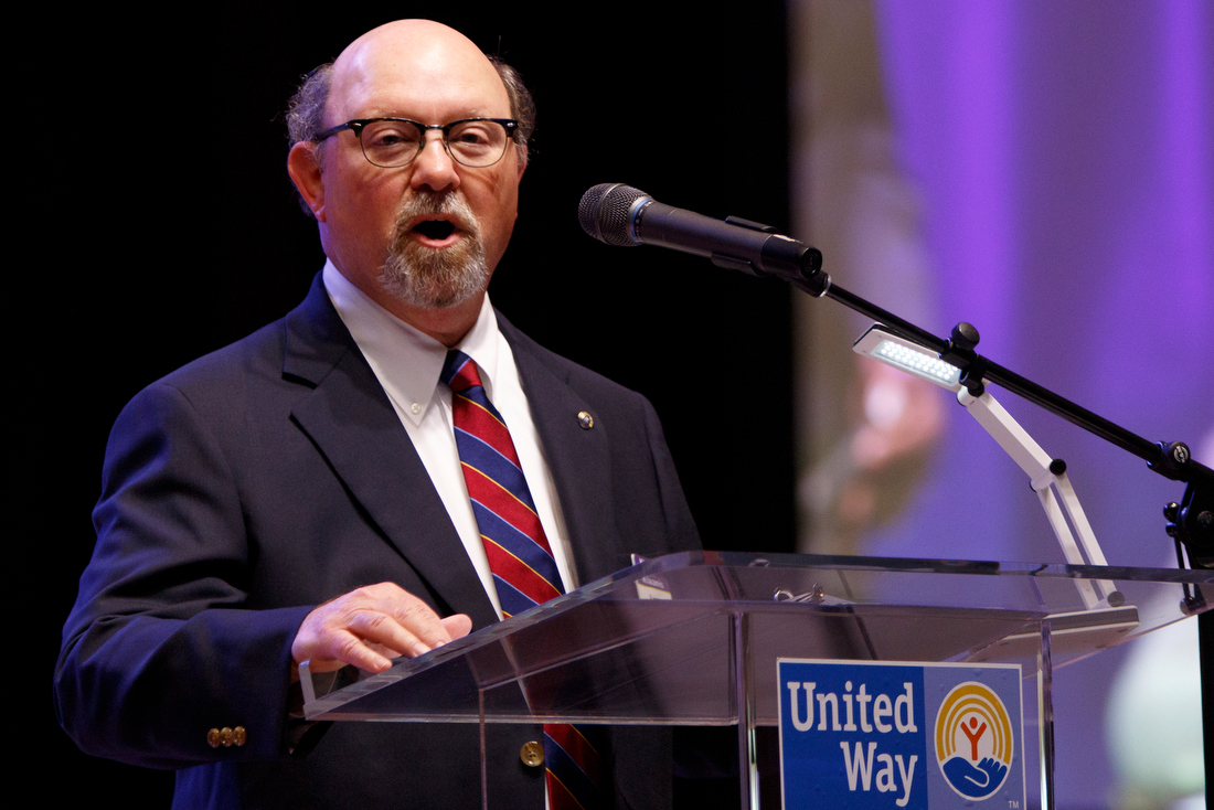 Staff photo by C.B. Schmelter /
Larry Stone, president of Kiwanis Club of Chattanooga, welcomes everyone to the United Way of Greater Chattanooga's Campaign Kickoff event at the Chattanooga Convention Center on Tuesday, Aug. 21, 2018 in Chattanooga, Tenn.