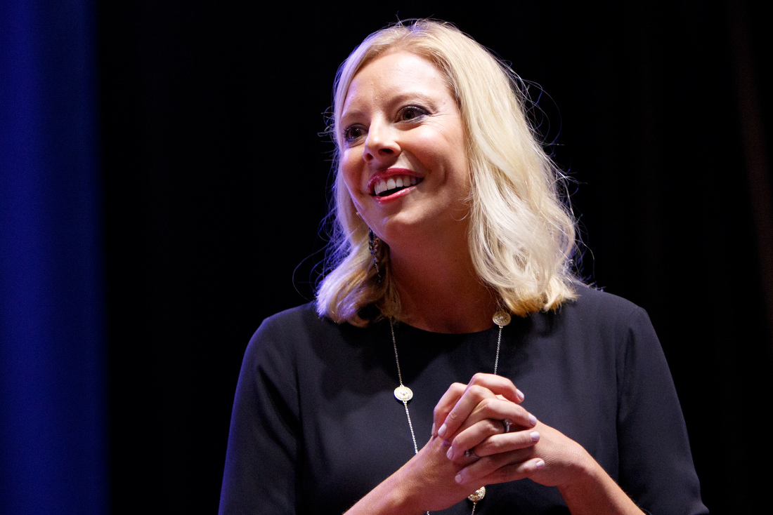 Staff photo by C.B. Schmelter /
United Way of Greater Chattanooga President and CEO Lesley Scearce speaks during the United Way of Greater Chattanooga's Campaign Kickoff event at the Chattanooga Convention Center on Tuesday, Aug. 21, 2018 in Chattanooga, Tenn.
