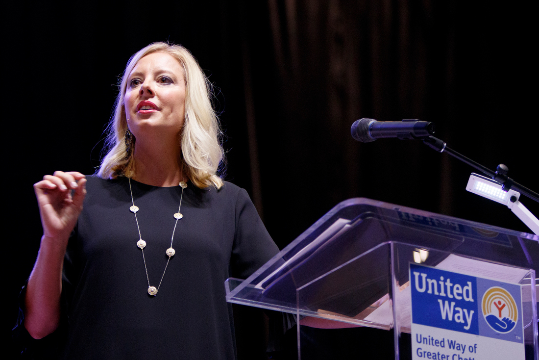 Staff photo by C.B. Schmelter /
United Way of Greater Chattanooga President and CEO Lesley Scearce speaks during the United Way of Greater Chattanooga's Campaign Kickoff event at the Chattanooga Convention Center on Tuesday, Aug. 21, 2018 in Chattanooga, Tenn.