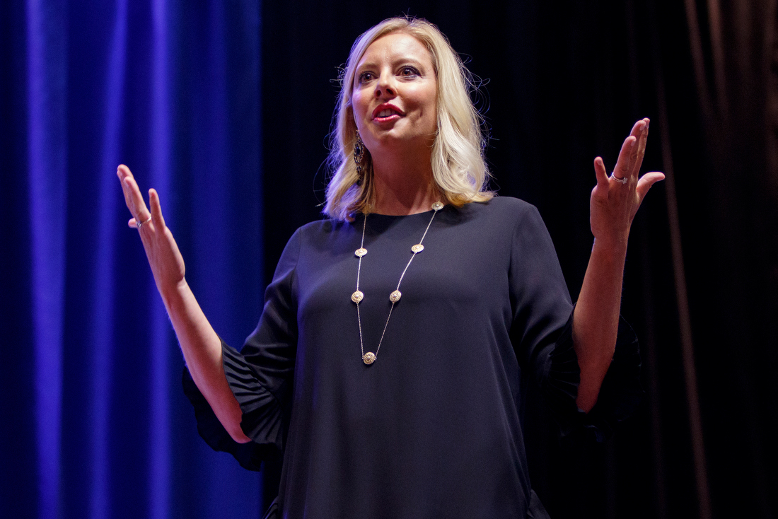 Staff photo by C.B. Schmelter /
United Way of Greater Chattanooga President and CEO Lesley Scearce speaks during the United Way of Greater Chattanooga's Campaign Kickoff event at the Chattanooga Convention Center on Tuesday, Aug. 21, 2018 in Chattanooga, Tenn.