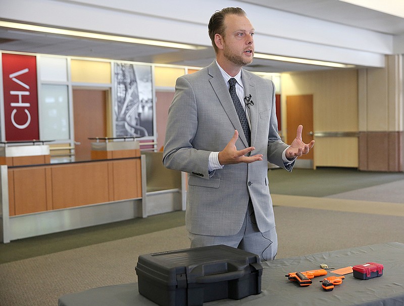 Staff photo by Erin O. Smith / 
Mark Howell, the regional spokesperson for the TSA, talks about the process of transporting personal firearms on flights during a press briefing Wednesday, August 22, 2018 at the Chattanooga Metropolitan Airport in Chattanooga, Tennessee. Firearms are allowed on flights as long as they are packed properly in checked luggage, which is not accessible during the flight.