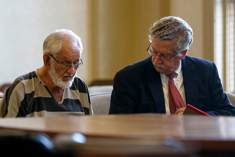 Staff photo by C.B. Schmelter / 
Jimmy George, left, sits with his attorney Chris Townley before appearing in front of Judge Don Thompson for his sentencing hearing in the Walker County Courthouse on Wednesday, Aug. 22, 2018 in LaFayette, Ga. Judge Thompson sentenced George to 20 years in prison on five counts of exploitation or intimidation of a disabled adult in Walker County Superior Court on Wednesday morning.