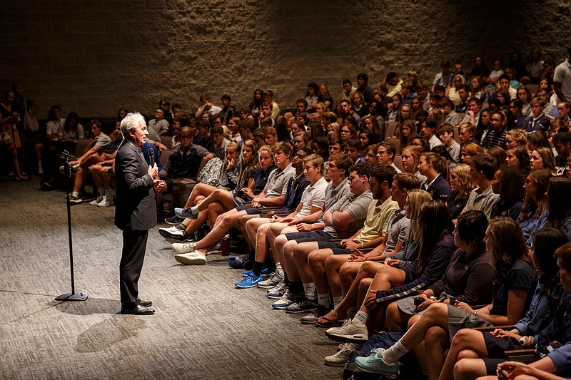 Staff photo by Doug Strickland / 
U.S. Sen. Bob Corker answers questions from students during a visit to Chattanooga Christian School on Friday, Aug. 24, 2018, in Chattanooga, Tenn. Sen. Corker toured the school before participating in the student forum.