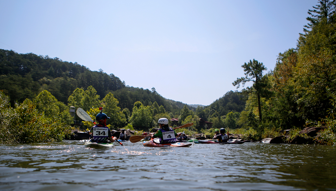 Staff photo by C.B. Schmelter /
Competitors wait to start the slalom course during the Ocoee River Championships on the 1996 Olympic Section of the Ocoee River on Friday, Aug. 24, 2018 in Copperhill, Tenn.