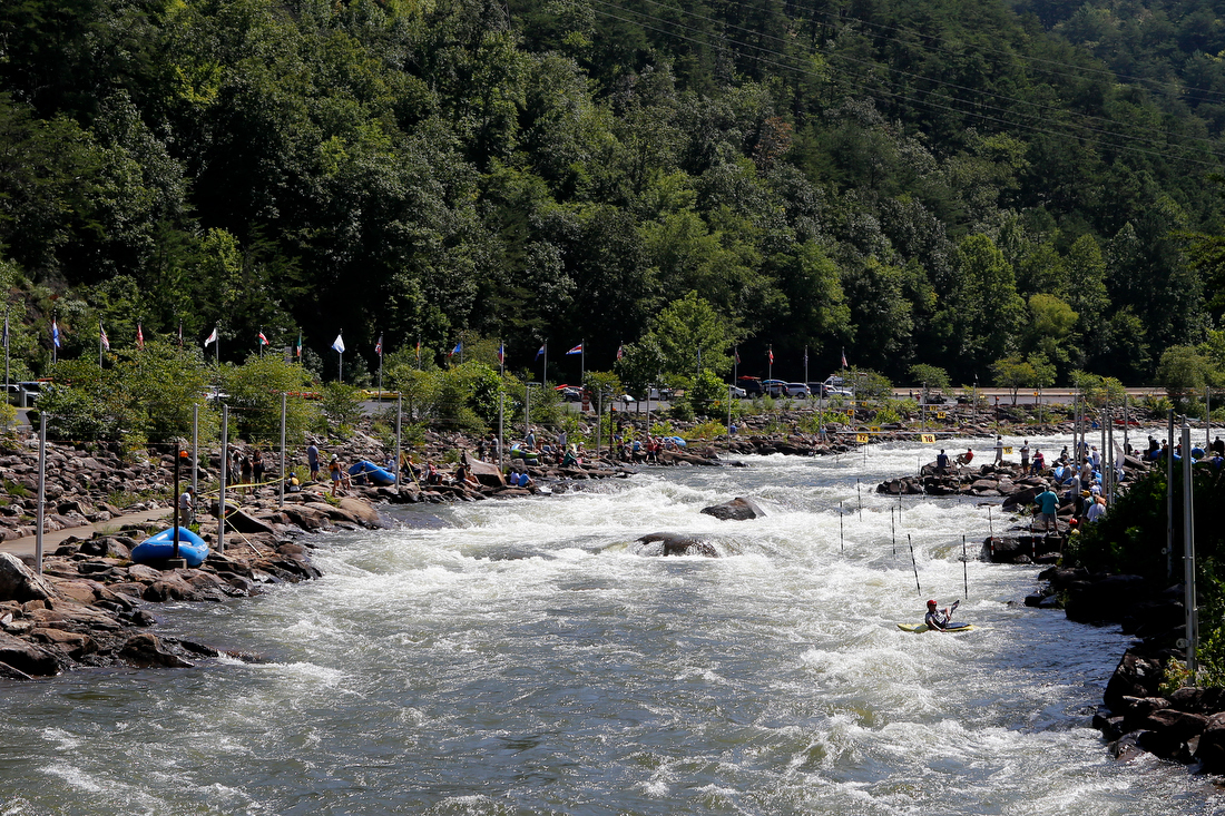 Staff photo by C.B. Schmelter /
Devon Bonner competes in the slalom event during the Ocoee River Championships on the 1996 Olympic Section of the Ocoee River on Friday, Aug. 24, 2018 in Copperhill, Tenn.