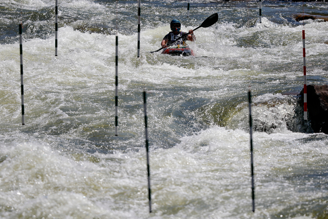 Staff photo by C.B. Schmelter /
Gerardo Mejia competes in the slalom event during the Ocoee River Championships on the 1996 Olympic Section of the Ocoee River on Friday, Aug. 24, 2018 in Copperhill, Tenn.