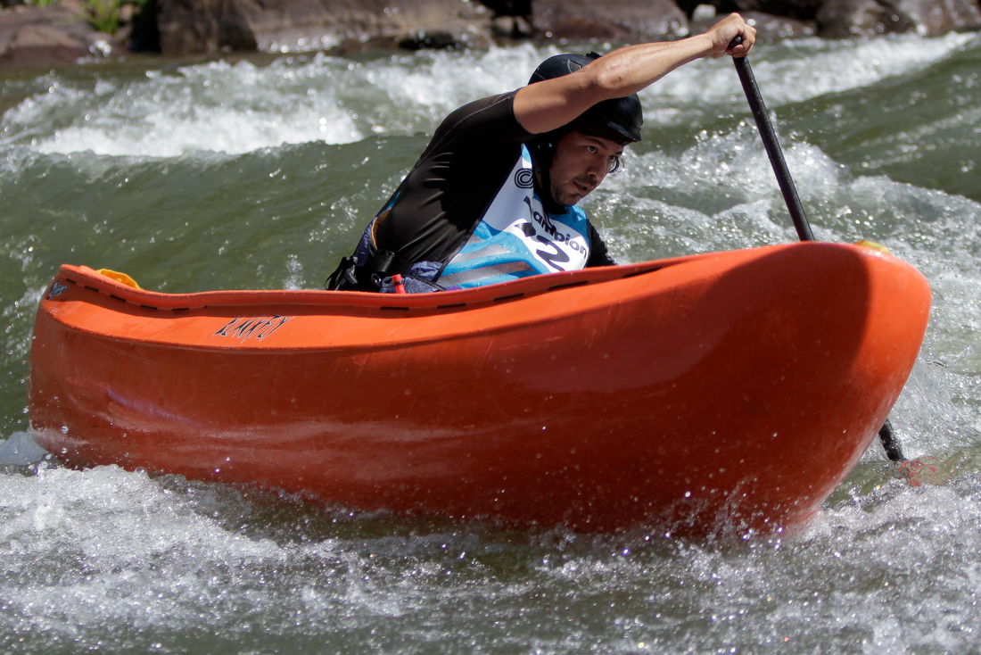 Staff photo by C.B. Schmelter /
Alex Vargas competes in the slalom during the Ocoee River Championships on the 1996 Olympic Section of the Ocoee River on Friday, Aug. 24, 2018 in Copperhill, Tenn.
