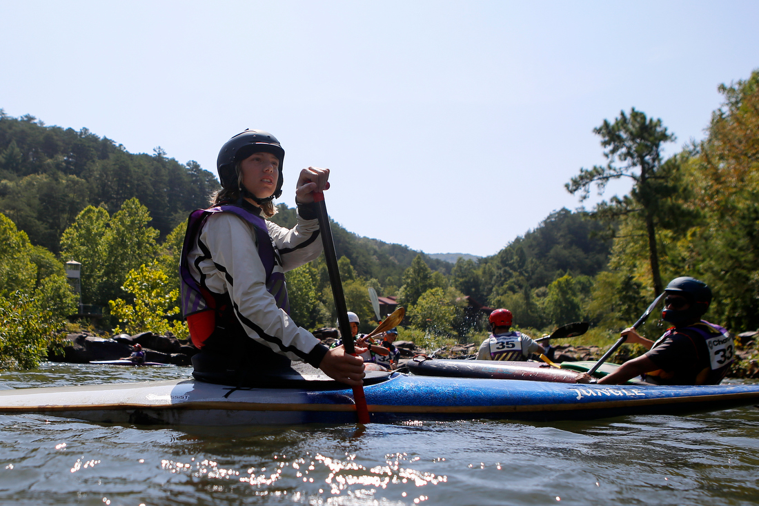 Staff photo by C.B. Schmelter /
Landon Miller waits to compete in the slalom event during the Ocoee River Championships on the 1996 Olympic Section of the Ocoee River on Friday, Aug. 24, 2018 in Copperhill, Tenn.