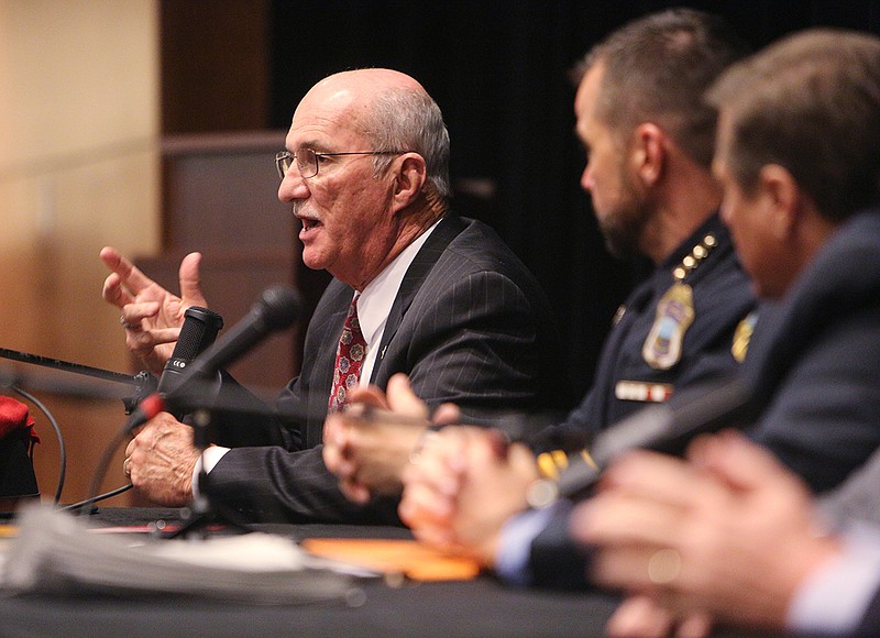 Hamilton County Sheriff Jim Hammond answers a question about student resource officers in schools during a town hall meeting in April at East Hamilton Middle High School.