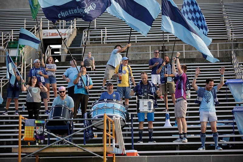 Staff photo by Doug Strickland / 
The Chattahooligans cheer during Chattanooga FC Women's first-round playoff match against Pensacola FC at Finley Stadium on Friday, July 13, 2018, in Chattanooga, Tenn. 