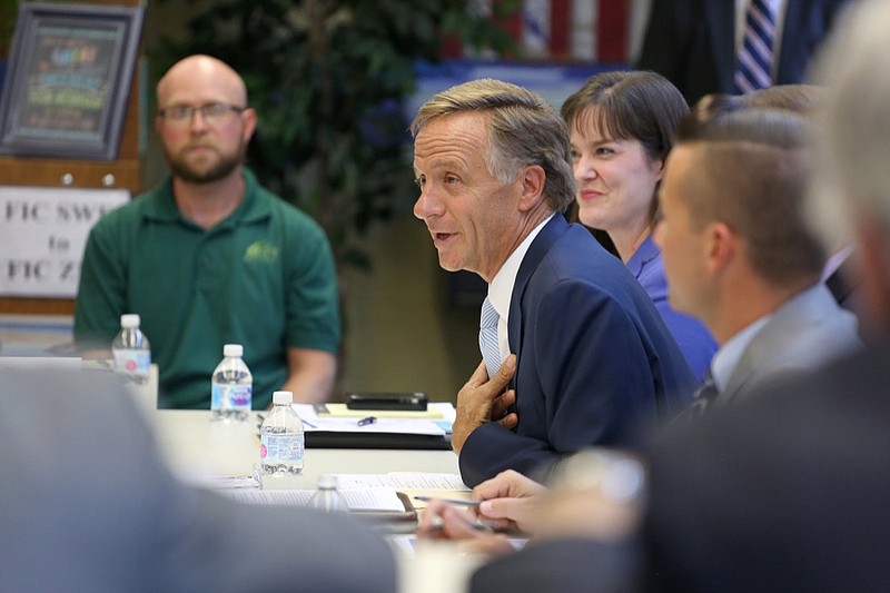 Staff photo by Erin O. Smith / 
Tennessee Gov. Bill Haslam speaks with local teachers, principals, TNReady assessment coordinators and others during a roundtable discussion at Soddy Daisy High School Tuesday, August 28, 2018. Haslam was in attendance to gain feedback on how the state can continue to improve delivery of the TNReady assessment.