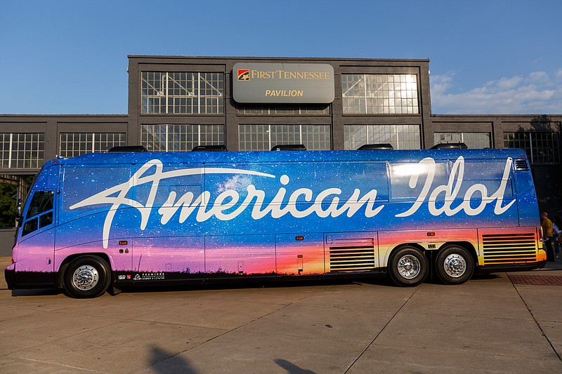 The American Idol bus is parked for auditions at the First Tennessee Pavilion on Tuesday, Aug. 28, 2018, in Chattanooga, Tenn. Thousands of contestants from across the region turned out to audition for the long-running talent show.