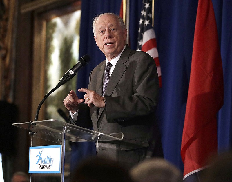 Democratic former Gov. Phil Bredesen speaks at a summit on the opioid crisis put on by Healthy Tennessee, Friday, Aug. 24, 2018, in Nashville, Tenn. Bredesen said Friday that his first action in the U.S. Senate would be to file or co-sponsor legislation to repeal a 2016 law criticized for weakening federal authority to curb opioid distribution. The announcement sought to put his opponent, Republican U.S. Rep. Marsha Blackburn, on the spot for supporting the law. (AP Photo/Mark Humphrey)