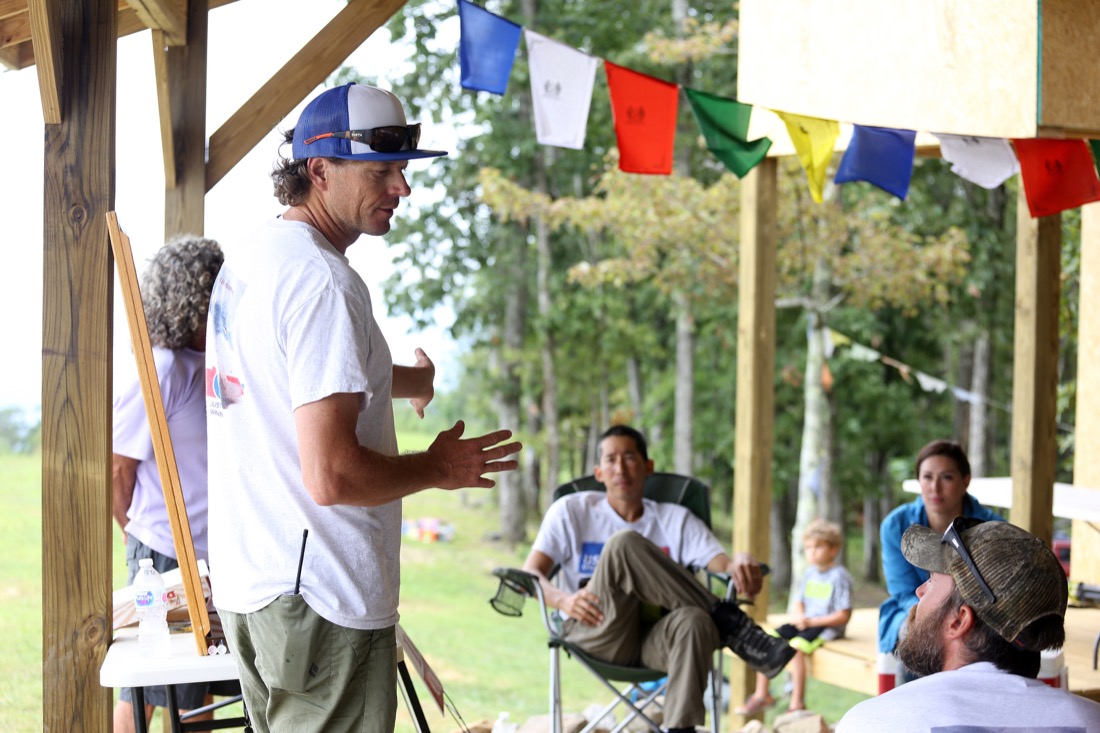 David Hanning, owner of Flying Camp, gives instructions to racers before the Hurricane Open 2018 paragliding event Wednesday, September 5, 2018 in Whitwell, Tennessee. Hanning was the director of the Hurricane Open.