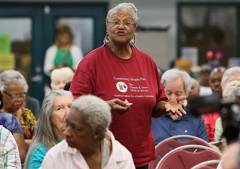 Everlena Holmes, a Gellwood Block Leaders coordinator speaks during a meeting Tuesday, Aug. 1, 2017, at the Eastgate Senior Center in Chattanooga, Tenn. Mayor Andy Berke said Tuesday that he will ask the City Council to freeze property taxes for low- and moderate-income seniors to limit the impact of overall property tax increase.