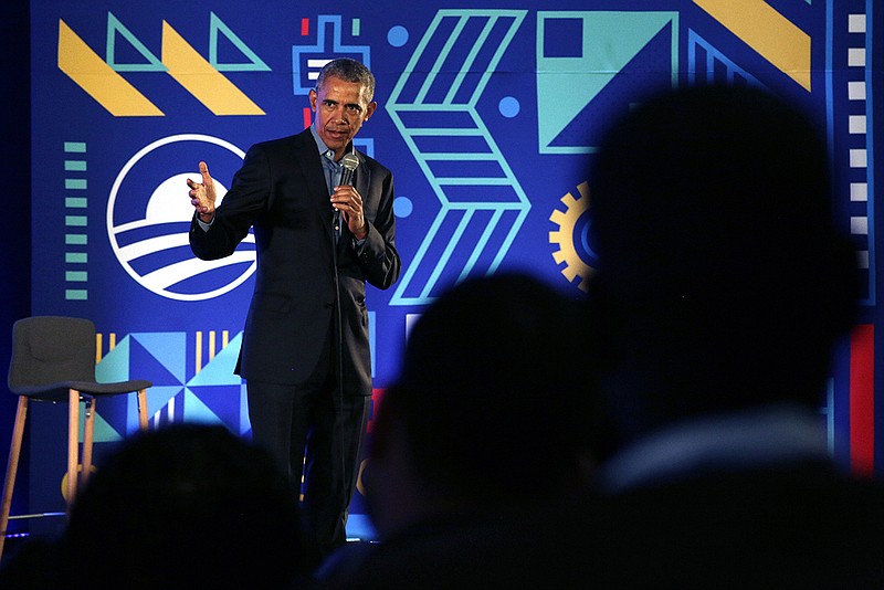 Former U.S. President Barack Obama speaks during a town hall appearance for the Obama Foundation at the African Leadership Academy in Johannesburg, South Africa, in July. (AP Photo/Themba Hadebe, Pool)