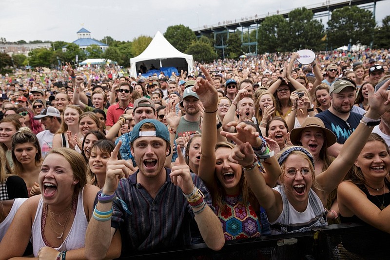 Staff photo by Doug Strickland / 
Fans cheer for artists Penny and Sparrow on the first day of the Moon River music festival at Coolidge Park on Saturday, Sept. 8, 2018, in Chattanooga, Tenn. The Head and the Heart headlined Saturday night's festival, which continues Sunday.