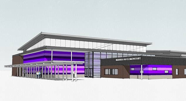 Graphic renderings provide a first look at Harrison Elementary's new building, expected to be complete in 2020. Designs show a sloped roof with windows on one side to bring natural light into the center of the building, which will house the common areas. (Contributed graphic)