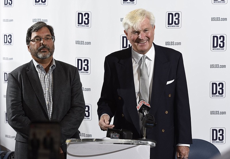 Staff photo by Tim Barber /
Chattanooga professional soccer team owner Bob Martino, left, stands alongside his new head coach Tim Hankinson during his introduction Tuesday at Finley Stadium.