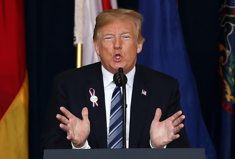 President Donald Trump speaks during the September 11th Flight 93 Memorial Service in Shanksville, Pa., Tuesday, Sept. 11, 2018. Trump is marking 17 years since the worst terrorist attack on U.S. soil by visiting the Pennsylvania field that became a Sept. 11 memorial. (AP Photo/Gene J. Puskar)