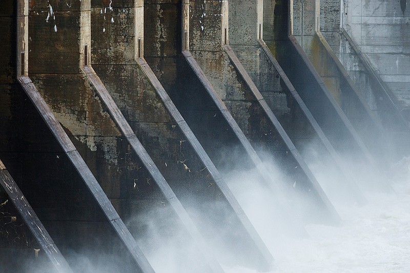 The floodgates are open on the Chickamauga Dam on Wednesday, Feb. 28, 2018, in Chattanooga, Tenn.