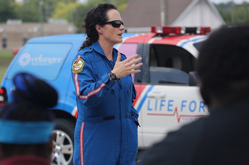 Staff photo by Erin O. Smith / 
Robin House, a flight nurse with Erlanger Life Force, speaks with Brainerd students during a kickoff event for Future Ready Institutes at Brainerd High School Wednesday, September 12, 2018. Brainerd High has two Future Ready Institutes this school year involving high school ninth-graders.