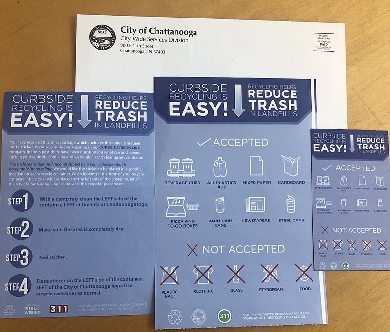 The city of Chattanooga will be mailing informational packets that include a magnet, pamphlet and sticker for recycling bins. The packets include information about what can be recycled (photo courtesy of the city of Chattanooga).