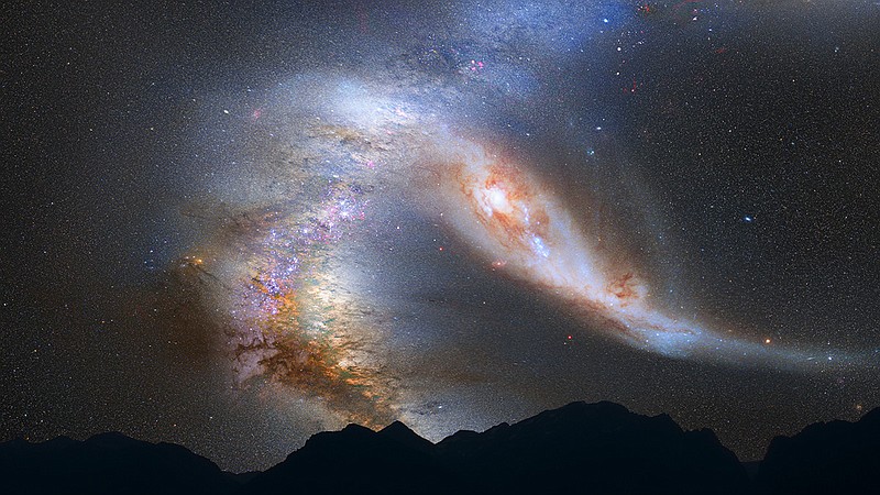NASA's illustration of the predicted merger between our galaxy and the neighboring Andromeda galaxy, which scientists believe will occur 3.75 billion years from now. (AP Photo/NASA)