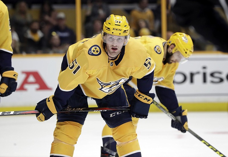 Nashville Predators left wing Austin Watson, shown during a playoff game against the Colorado Avalanche this past April, had to sit out the first 18 games this season after pleading no contest to domestic abuse last summer.