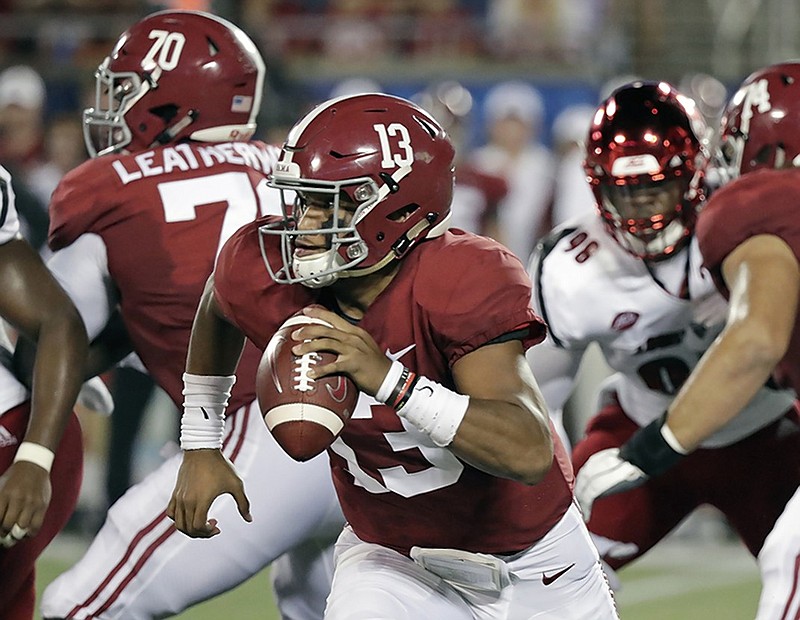 Alabama sophomore quarterback Tua Tagovailoa has thrown six touchdown passes with no interceptions through the first two games of the season for the top-ranked Crimson Tide.