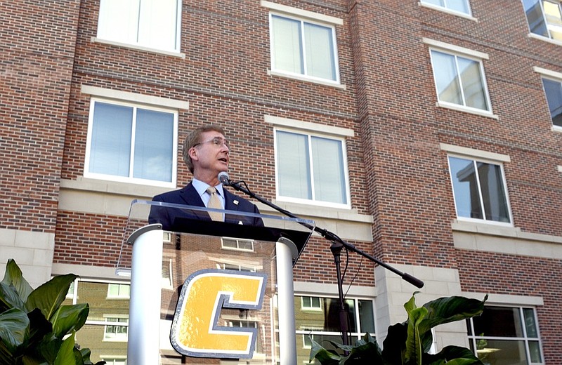 Staff photo by Robin Rudd /
With the newly opened West Campus Residence hall looming over him UTC Chancellor Steven Angle presented his annual State of the University address on September 14, 2018.