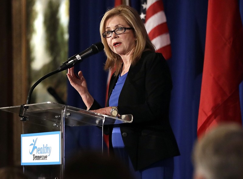 In this Aug. 24, 2018, file photo, Rep. Marsha Blackburn, R-Tenn., speaks at a summit on the opioid crisis put on by Healthy Tennessee in Nashville, Tenn.