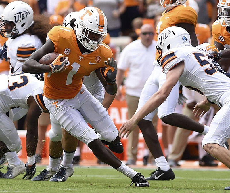 Tennessee's Marquez Callaway eludes a would-be tackler during last Saturday's 24-0 win against UTEP in Knoxville.