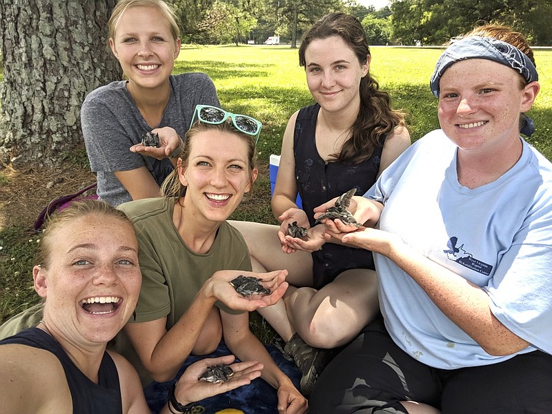 Laura Marsh, center in green, works with UTC students to study tree swallows in the Chattanooga area. 