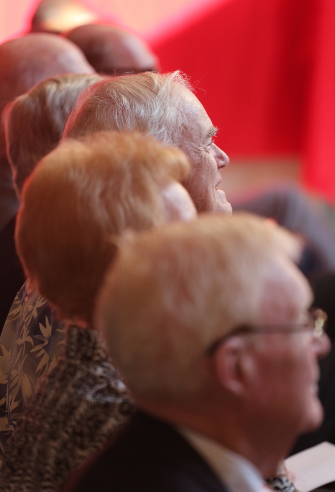 Staff photo by Erin O. Smith /
Bill Stacy, the former chancellor of UTC and former president of Baylor School, listens to speakers during the dedication of the Scotty Probasco Academic Center Wednesday, September 19, 2018 at Baylor School in Chattanooga, Tennessee. Many prominent members of the Baylor School community attended the event in celebration of the new academic center.