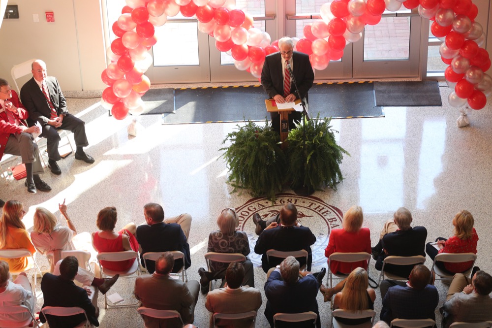 Staff photo by Erin O. Smith /
Ryan Crimmins, the chair of the Baylor School Trustee Buildings and Grounds Committee, speaks during the dedication of the Scotty Probasco Academic Center Wednesday, September 19, 2018 at Baylor School in Chattanooga, Tennessee. The academic center will house history and English classes for grades 9-12, as well as the learning center.