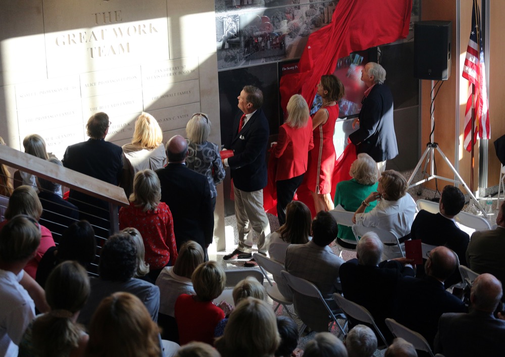 Staff photo by Erin O. Smith /
The Great Work Team wall is unveiled during the dedication of the Scotty Probasco Academic Center Wednesday, September 19, 2018 at Baylor School in Chattanooga, Tennessee. The wall honored several families who helped make the academic center and renovations of the quadrangle possible.
