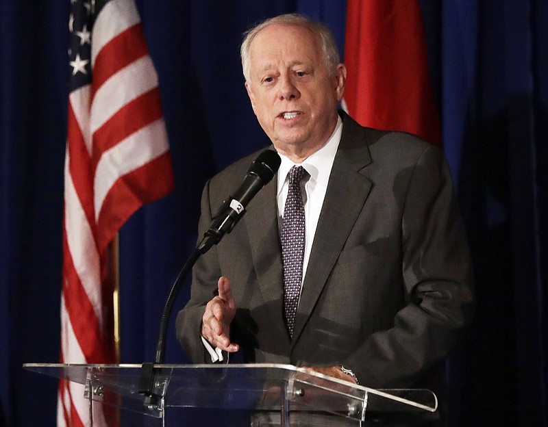 FILE - In this Aug. 24, 2018, file photo, Democratic Senate candidate Phil Bredesen speaks at a summit on the opioid crisis in Nashville, Tenn. (AP Photo/Mark Humphrey, File)

