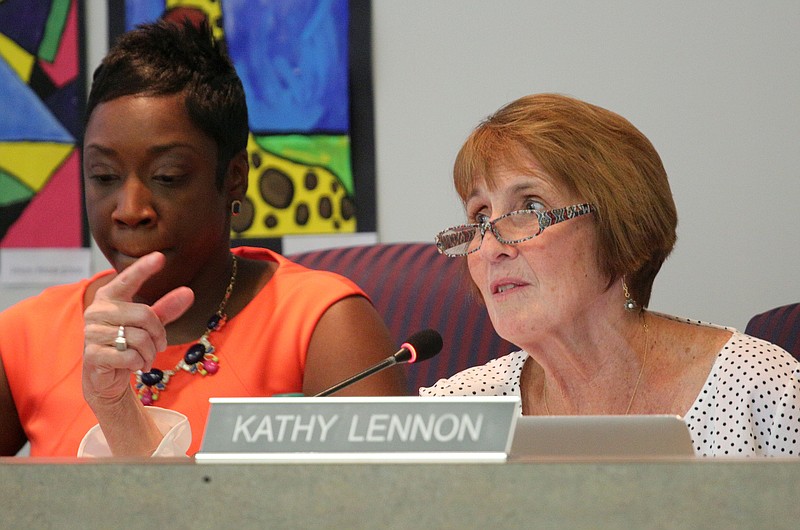 Hamilton County School Board member Kathy Lennon speaks during the Hamilton County School Board meeting Thursday, September 20, 2018 at the Hamilton County Department of Education in Chattanooga, Tennessee. The school board names a new chairman and vice-chairman during the meeting.