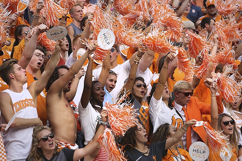 Fans in the Tennessee student section cheer during the Vols' 59-3 win against ETSU on Sept. 8 at Neyland Stadium. The Vols open their SEC schedule there Saturday night against Florida.