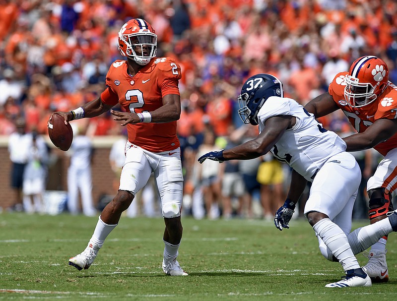 Clemson quarterback Kelly Bryant looks to pass under pressure from Georgia Southern's Lane Ecton during a 38-7 home win last Saturday. The Tigers are on the road for their ACC opener today against Georgia Tech.