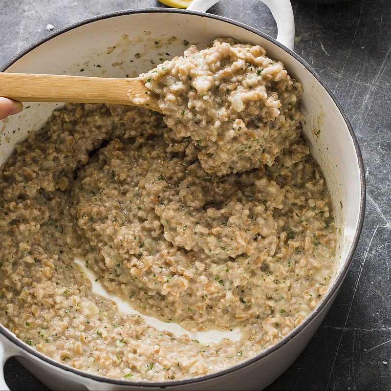 This undated photo provided by America's Test Kitchen in August 2018 shows a Parmesan farrotto in Brookline, Mass. This recipe appears in the cookbook "Complete Mediterranean." (Carl Tremblay/America's Test Kitchen via AP)