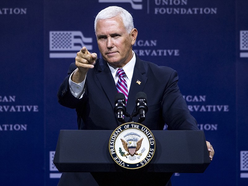 Vice President Mike Pence speaks at the American Conservative Union's CPAC/365 Knoxville event supporting Senate candidate Marsha Blackburn in Knoxville, Tenn., Friday, Sept. 21, 2018. (Brianna Paciorka/Knoxville News Sentinel via AP)