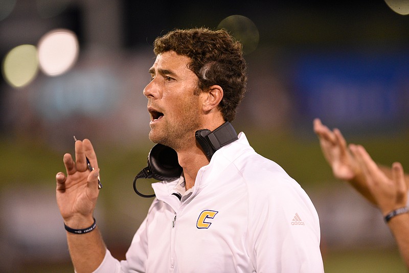 UTC head football coach Tom Arth shouts to players during the Mocs' home football game against the Samford Bulldogs at Finley Stadium on Saturday, Sept. 22, 2018, in Chattanooga, Tenn. 