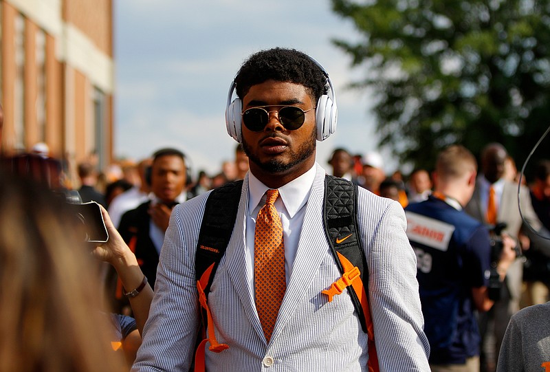 Tennessee wide receiver Jauan Jennings (15) takes part in the Vol Walk before the Southeastern Conference football game between the Tennessee Volunteers and the Florida Gators at Neyland Stadium on Saturday, Sept. 22, 2018 in Knoxville, Tenn.