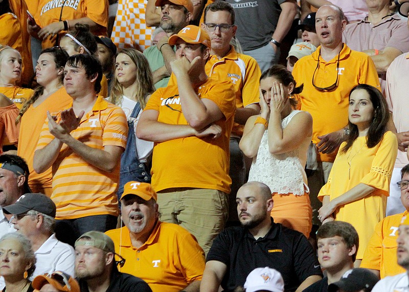 Tennessee fans react to a delay of game penalty against Florida at Neyland Stadium on Saturday, Sept. 22, 2018 in Knoxville, Tenn.