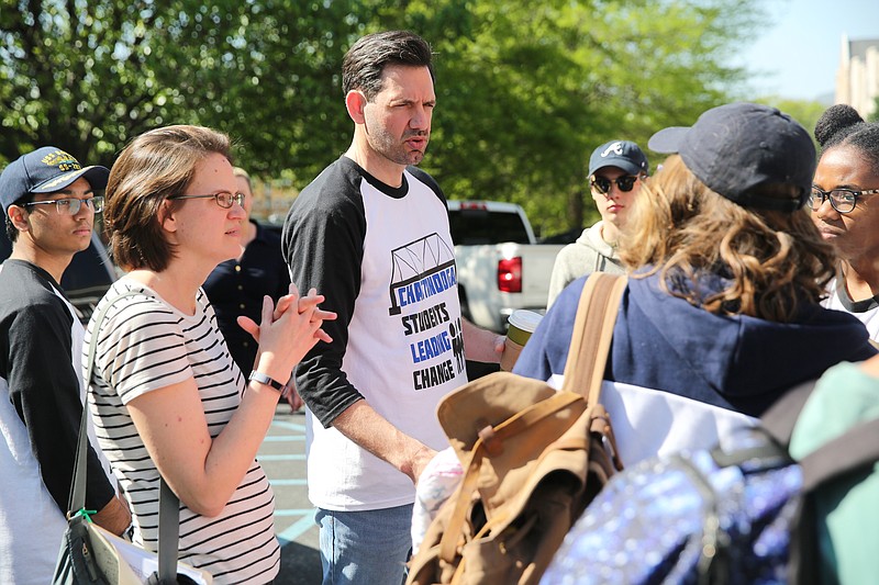 Clay Thomas, chaperone and pastor at Rivermont Presbyterian Church, gives instructions to students on April 18, 2018 at First Christian Church in Chattanooga. A group of students from various high schools around the city went to Washington, D.C. to meet with U.S. Sen. Bob Corker and other federal lawmakers about school safety.