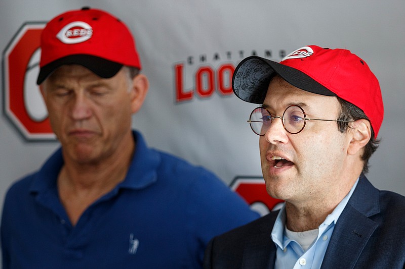 Staff photo by Doug Strickland / 
Chattanooga Lookouts co-owner Jason Freier speaks during a news conference announcing the renewed partnership between the Lookouts and the Cincinnati Reds held at AT&T Stadium on Tuesday, Sept. 25, 2018, in Chattanooga, Tenn. The Lookouts where previously affiliated with the Reds for 21 seasons between 1988 and 2008.