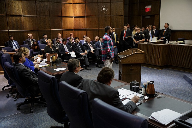 Staff photo by Doug Strickland / Attorneys fill the room as a defendant is arraigned in Judge Tom Greenholtz's courtroom in the Chattanooga-Hamilton County Courts Building on Friday, April 27, 2018, in Chattanooga, Tenn. 45 of the alleged Athens Park Blood gang members indicted last month on RICO charges were arraigned Friday.